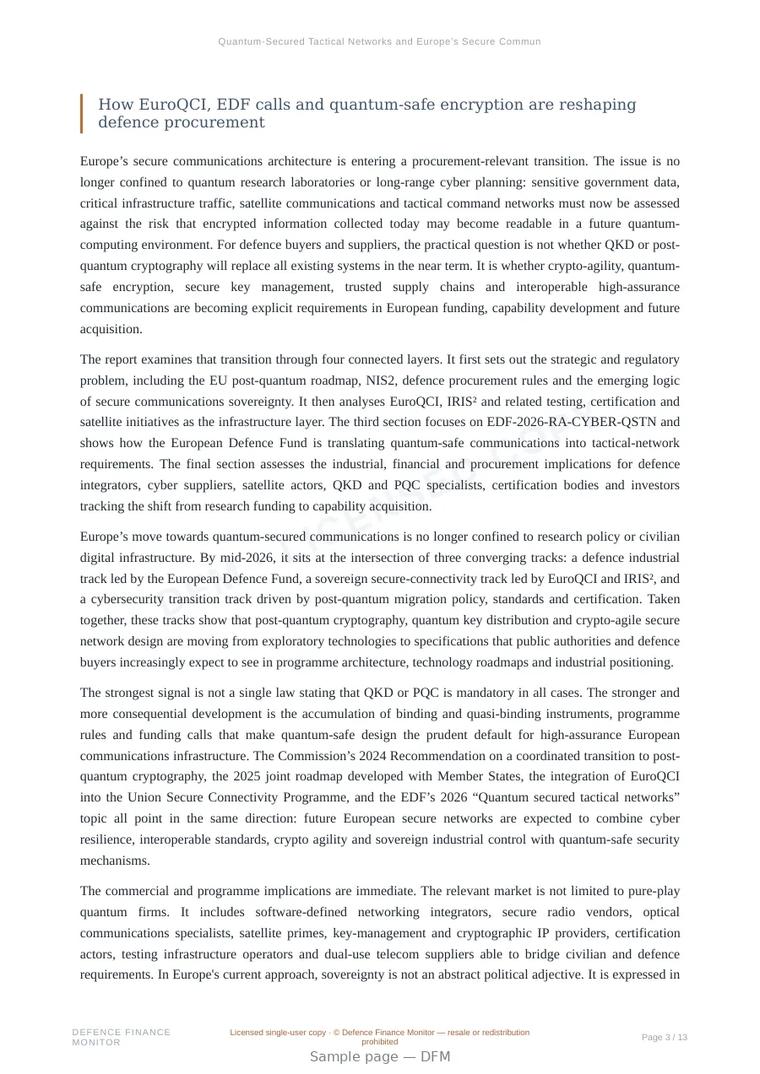 Sample page from “Quantum-Secured Tactical Networks and Europe’s Secure Communications Sovereignty” — 14-page report