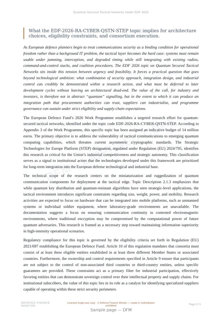 Sample page from “Quantum-Secured Tactical Networks Under EDF 2026” — 6-page report