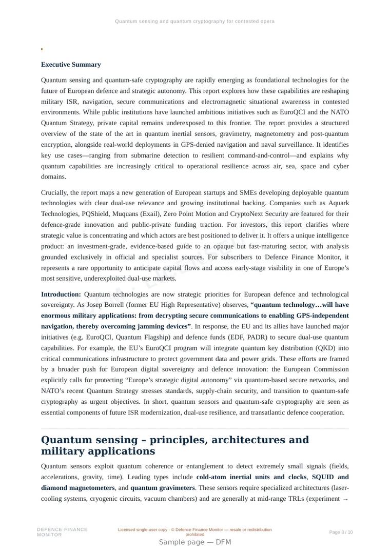 Sample page from “Quantum sensing and quantum cryptography for contested operational environments” — 11-page report