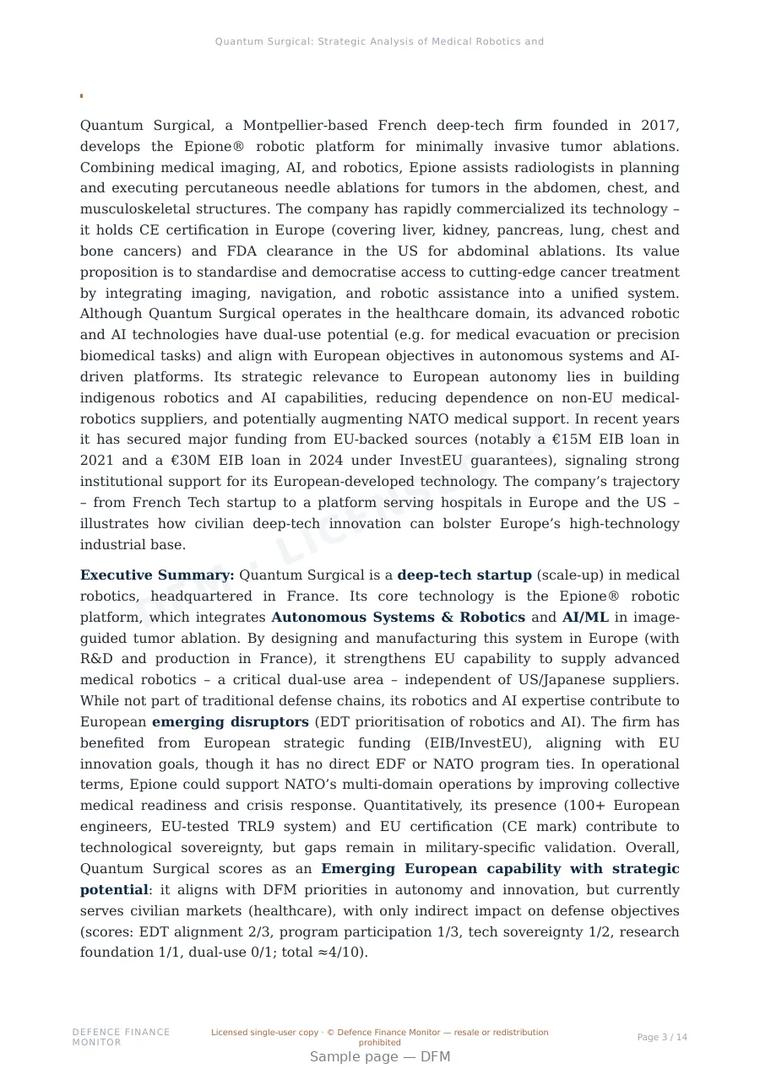 Sample page from “Quantum Surgical: Strategic Analysis of Medical Robotics and European Sovereignty” — 15-page report