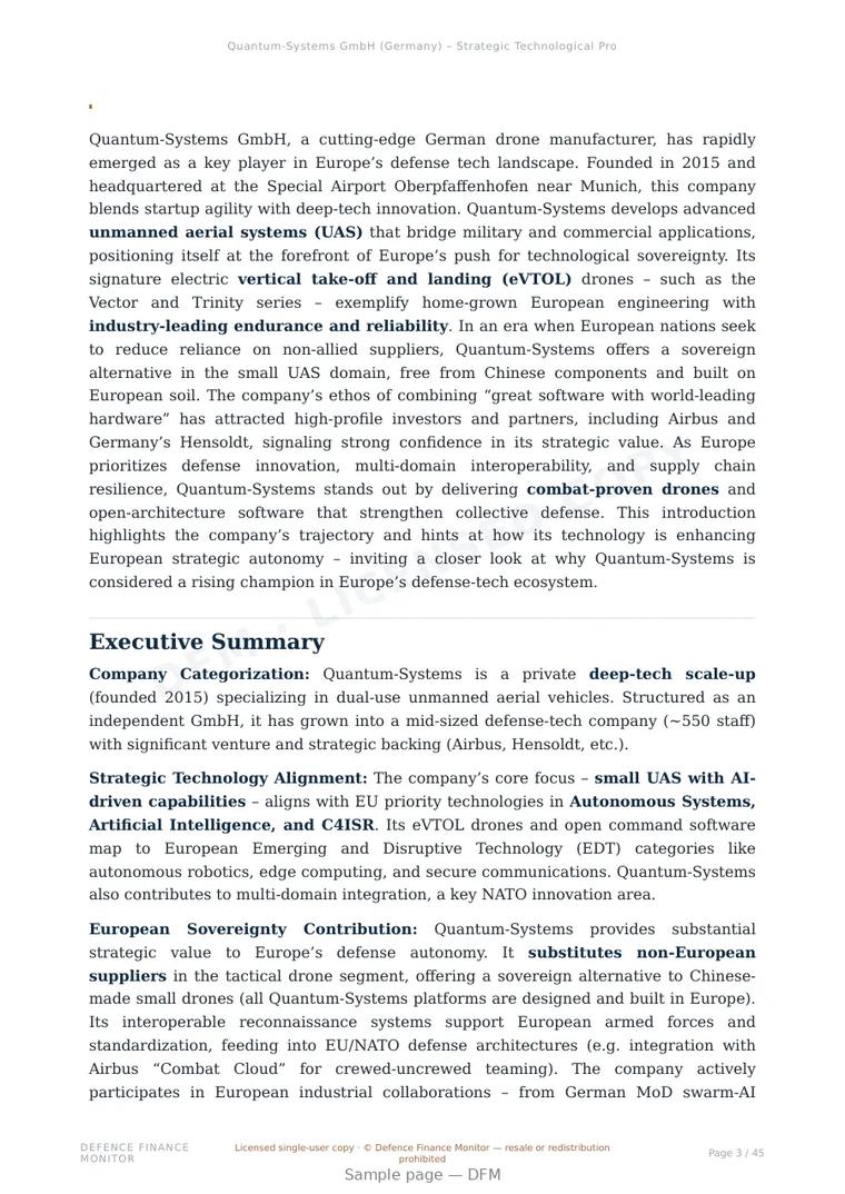 Sample page from “Quantum-Systems GmbH (Germany) – Strategic Technological Profile” — 46-page report