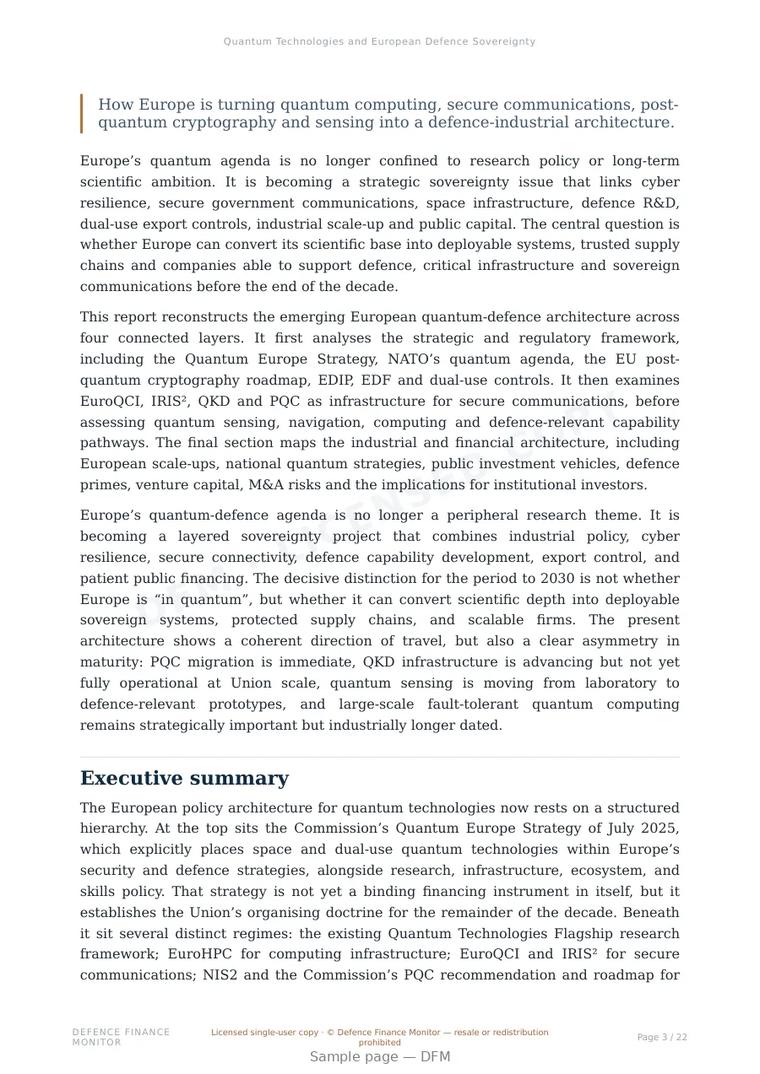 Sample page from “Quantum Technologies and European Defence Sovereignty” — 23-page report