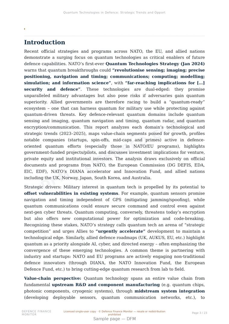Sample page from “Quantum Technologies in Defence: Strategic Trends and Opportunities” — 24-page report