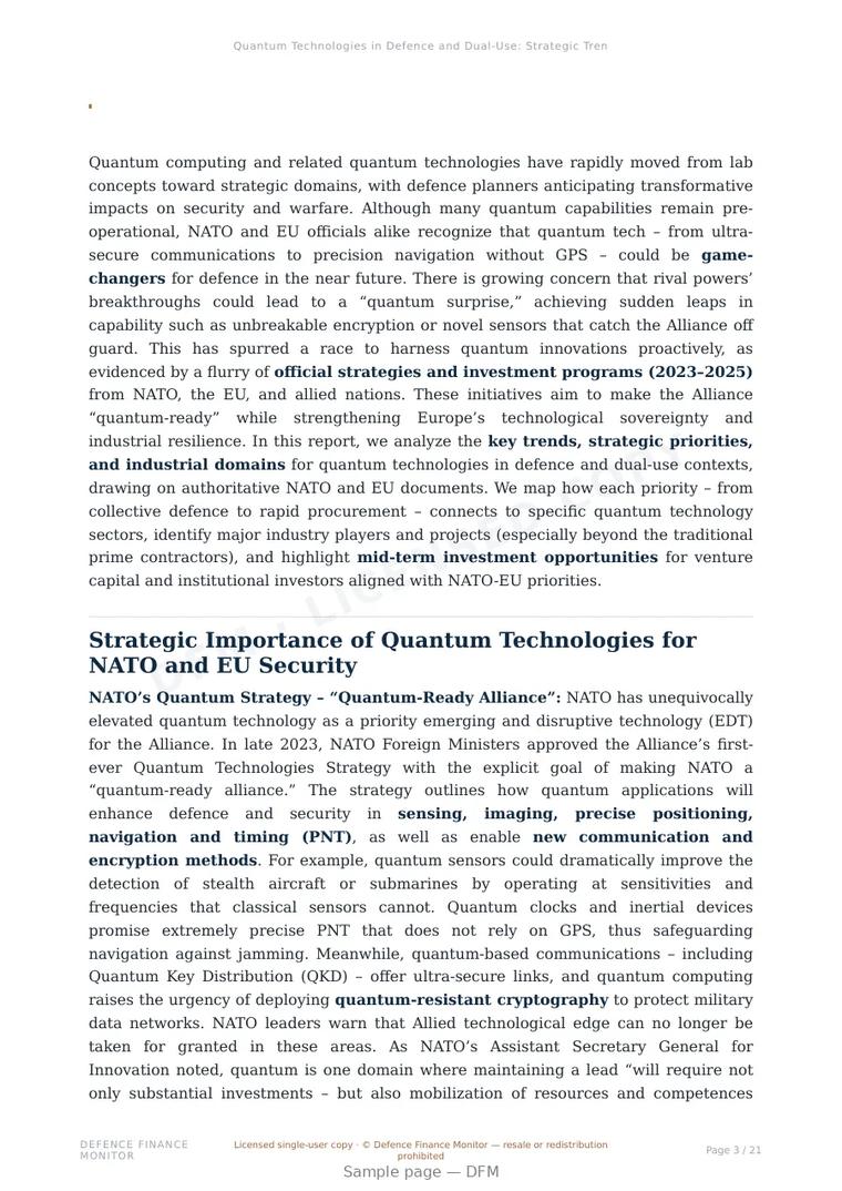 Sample page from “Quantum Technologies in Defence and Dual-Use: Strategic Trends and Opportunities” — 22-page report