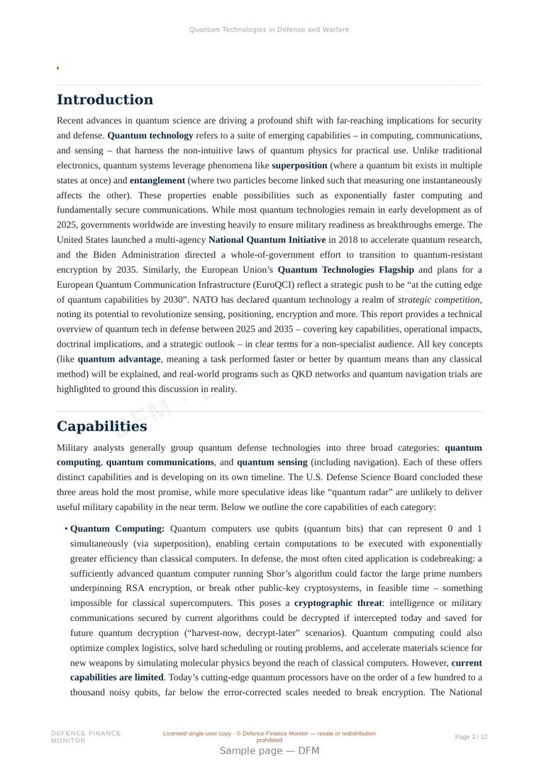 Sample page from “Quantum Technologies in Defense and Warfare” — 13-page report