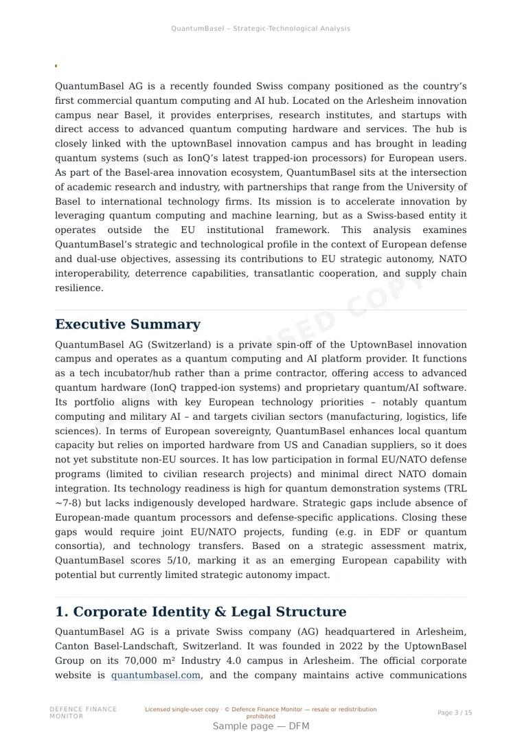 Sample page from “QuantumBasel AG — Switzerland quantum company” — 16-page report