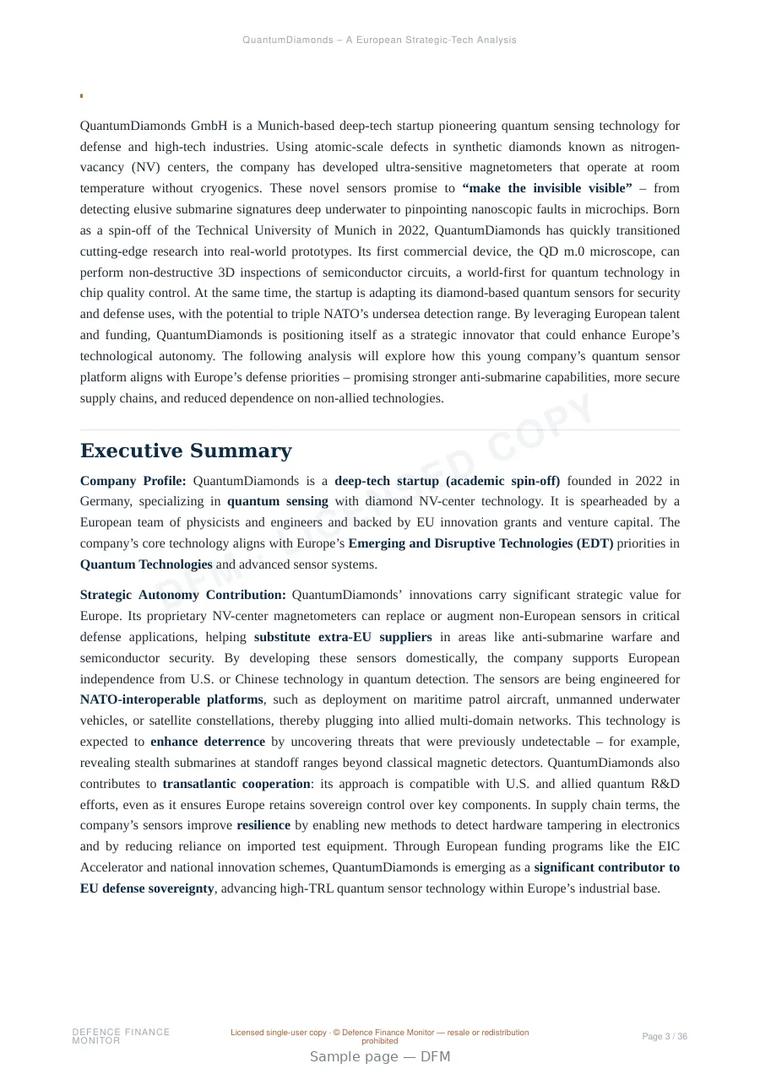 Sample page from “QuantumDiamonds – A European Strategic-Tech Analysis” — 37-page report