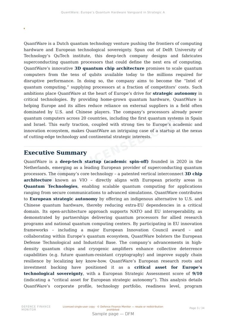 Sample page from “QuantWare: Europe’s Quantum Hardware Vanguard in Strategic Autonomy” — 35-page report