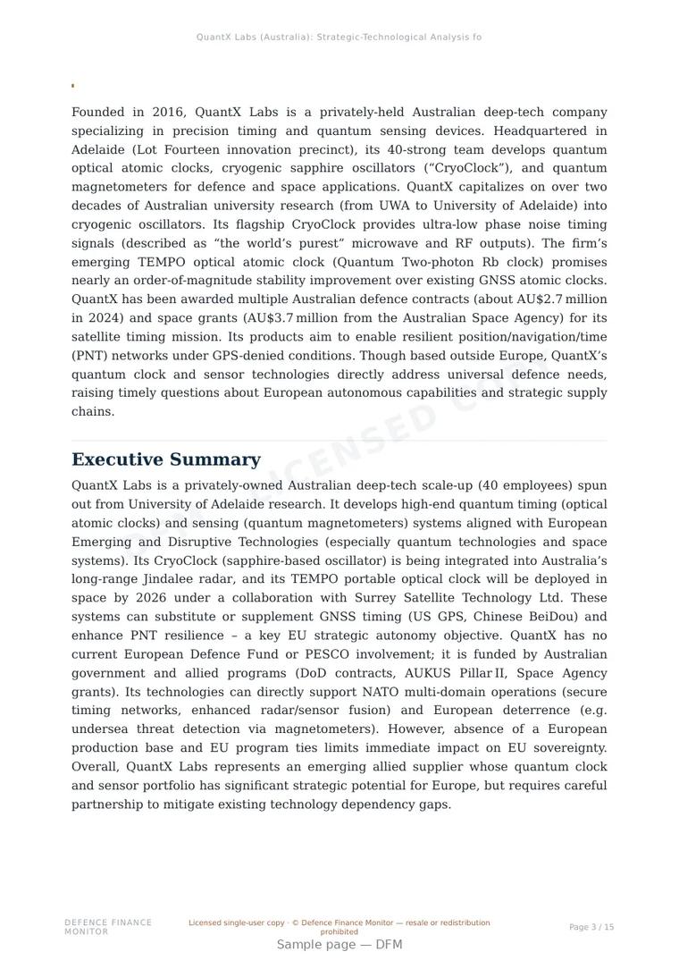 Sample page from “QuantX Labs — Australia quantum sensors company” — 16-page report