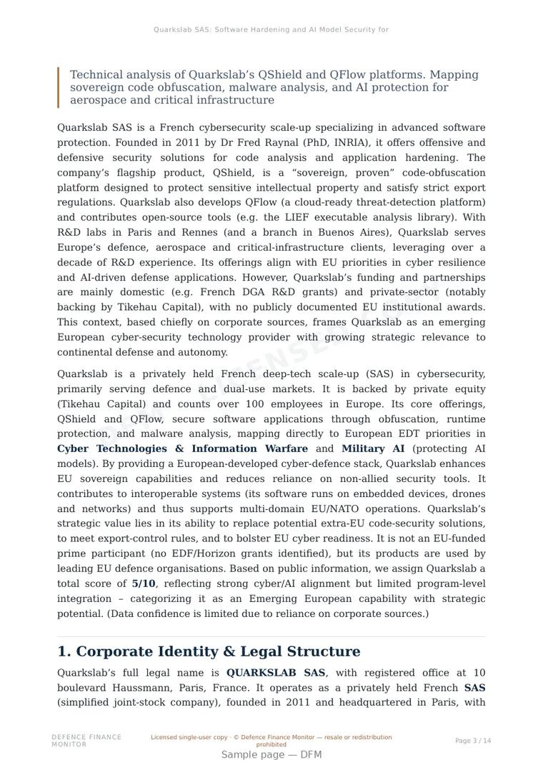 Sample page from “Quarkslab SAS: Software Hardening and AI Model Security for Defense Systems” — 15-page report