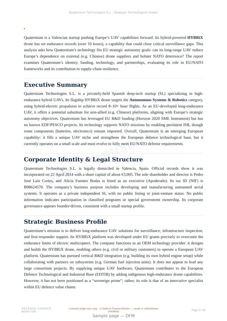 Sample page from “Quaternium Technologies S.L. — autonomous systems company” — 11-page report