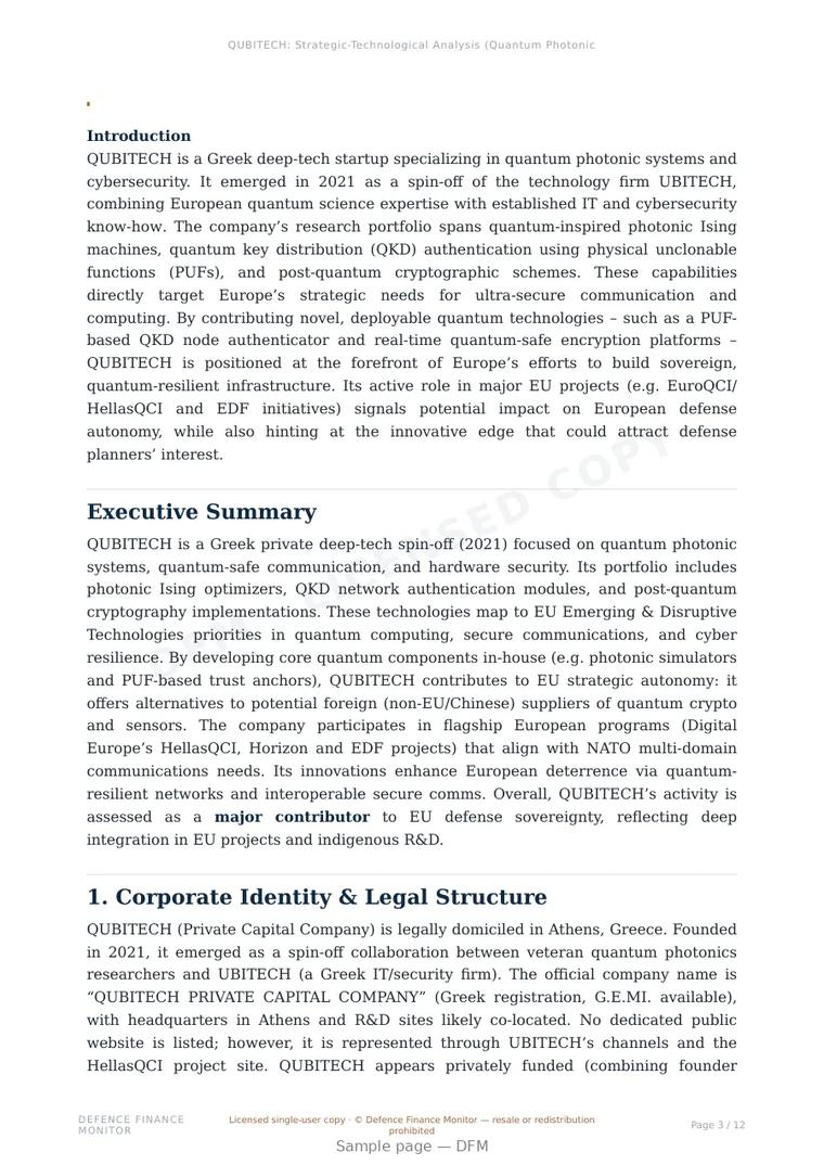 Sample page from “QUBITECH — Greece quantum communications company” — 13-page report