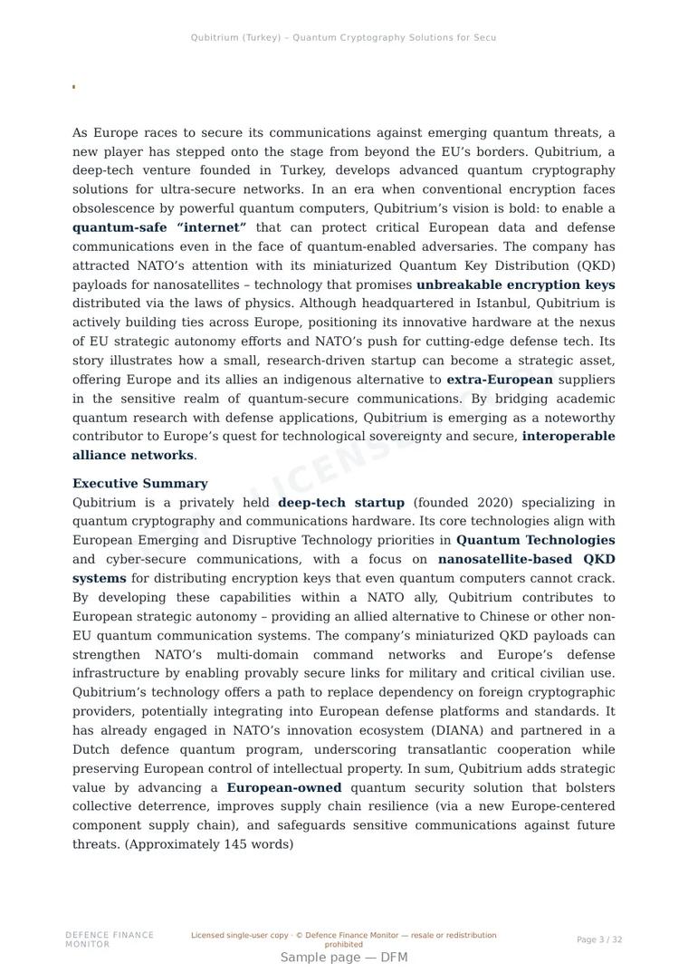 Sample page from “Qubitrium (Turkey) – Quantum Cryptography Solutions for Secure Networks” — 33-page report