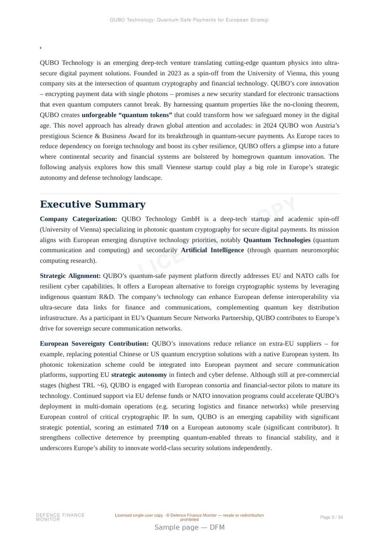 Sample page from “QUBO Technology: Quantum-Safe Payments for European Strategic Autonomy” — 35-page report