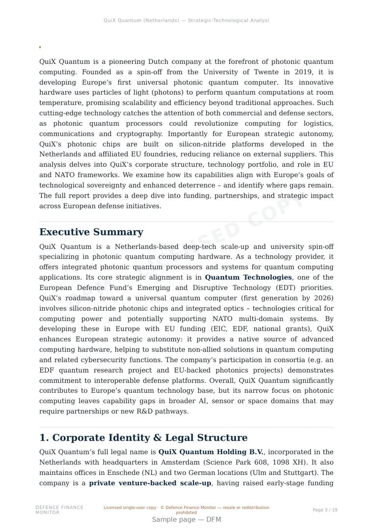 Sample page from “QuiX Quantum — Netherlands quantum company” — 20-page report