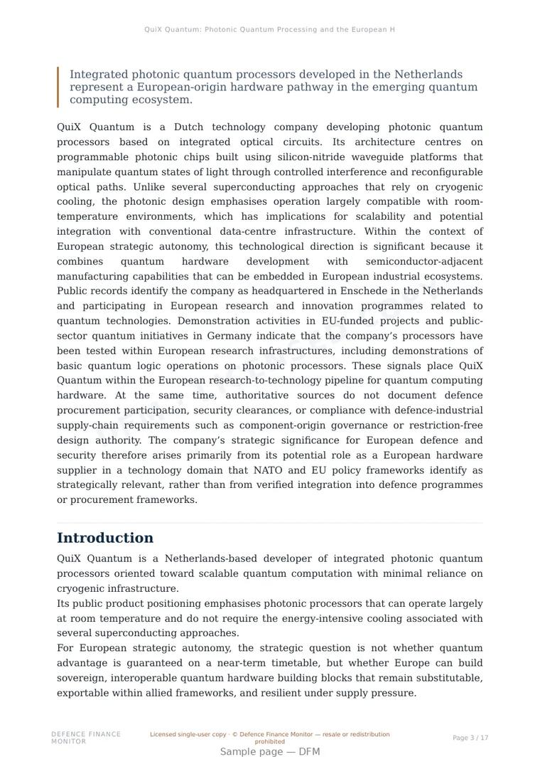Sample page from “QuiX Quantum: Photonic Quantum Processing and the European Hardware Layer of Strategic Autonomy” — 18-page report