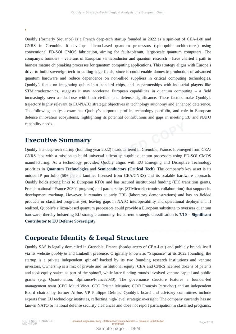 Sample page from “Quobly — France quantum company” — 13-page report