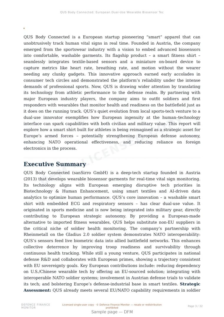 Sample page from “QUS Body Connected: European Dual-Use Wearable Biosensor Technology” — 33-page report