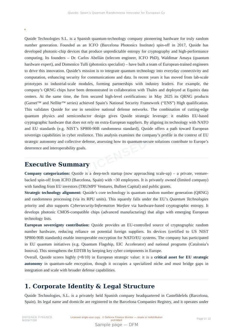 Sample page from “Quside: Spain’s Quantum Randomness Innovator for European Cybersecurity and Defense Autonomy” — 13-page report