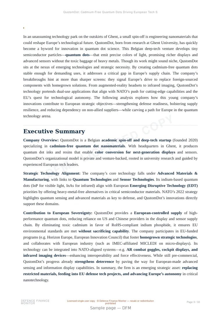 Sample page from “QustomDot: Cadmium‑Free Quantum Dots Driving European Tech Sovereignty” — 34-page report