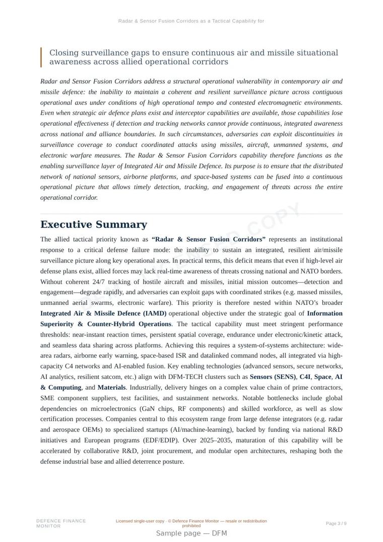 Sample page from “Radar & Sensor Fusion Corridors as a Tactical Capability for Integrated Air and Missile Defence” — 10-page report