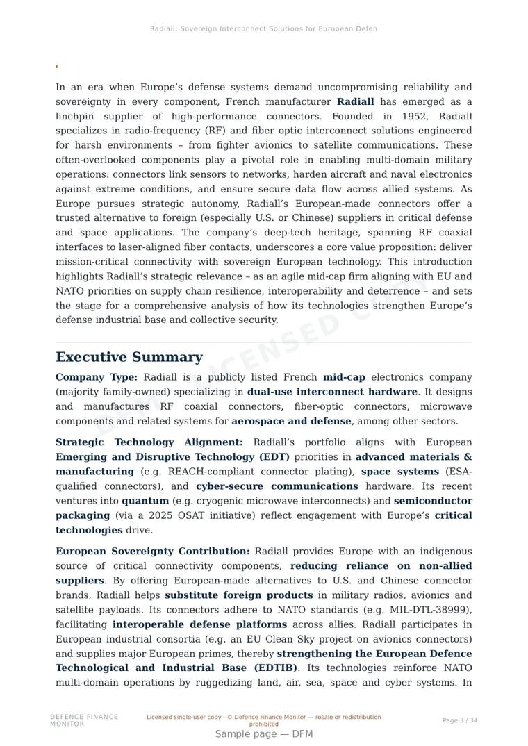 Sample page from “Radiall: Sovereign Interconnect Solutions for European Defence and Space” — 35-page report