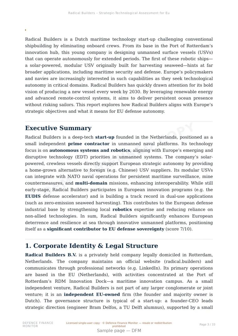 Sample page from “Radical Builders – Strategic-Technological Assessment for European Defence and Dual-Use Maritime Autonomy” — 34-page report