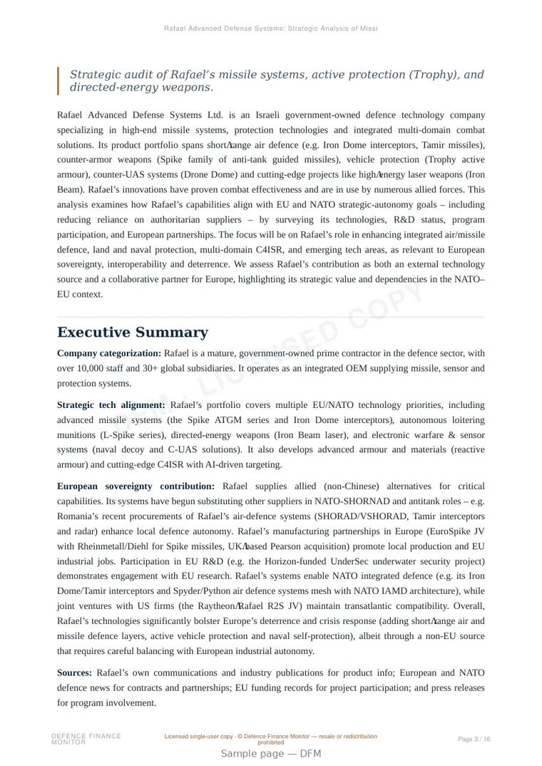 Sample page from “Rafael Advanced Defense Systems: Strategic Analysis of Missile Defense and Allied Sovereignty” — 17-page report