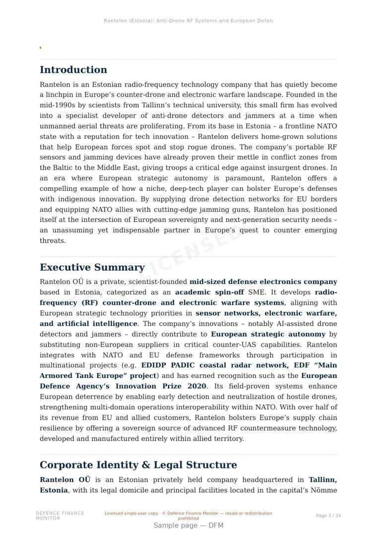 Sample page from “Rantelon (Estonia): Anti-Drone RF Systems and European Defence Autonomy” — 35-page report