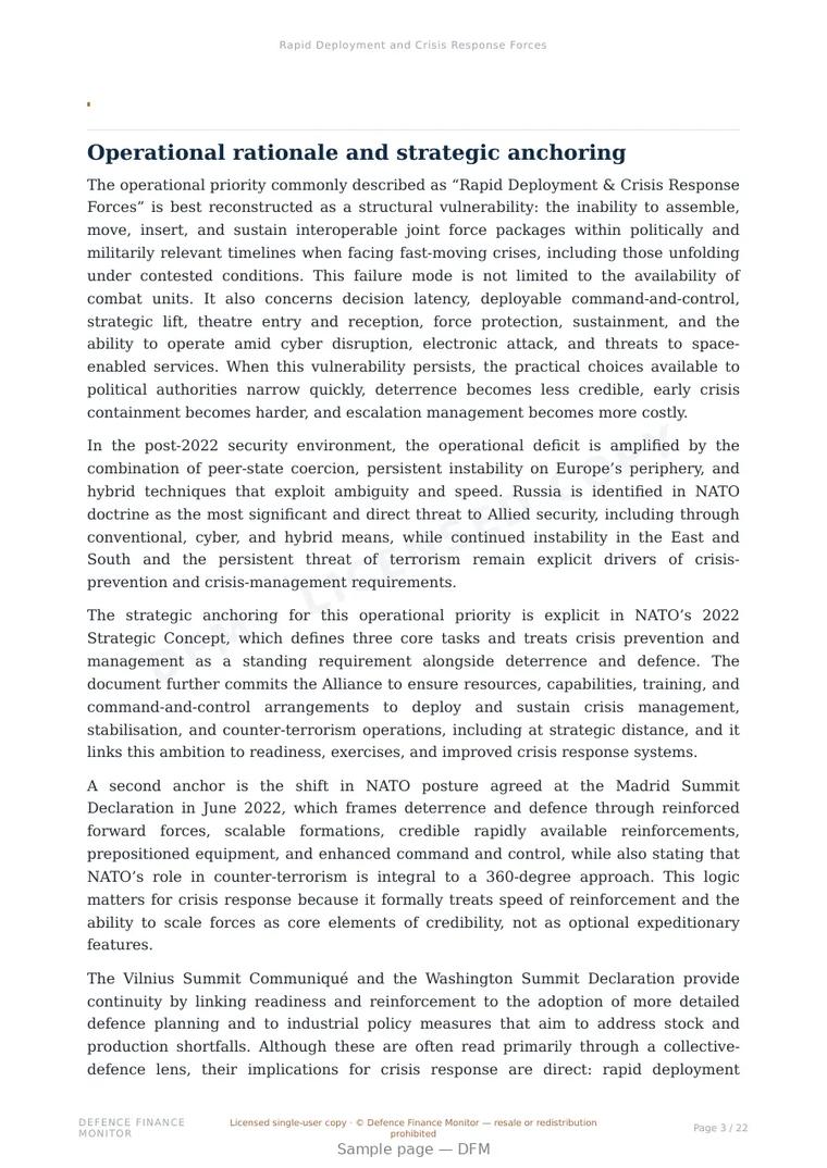 Sample page from “Rapid Deployment and Crisis Response Forces” — 23-page report