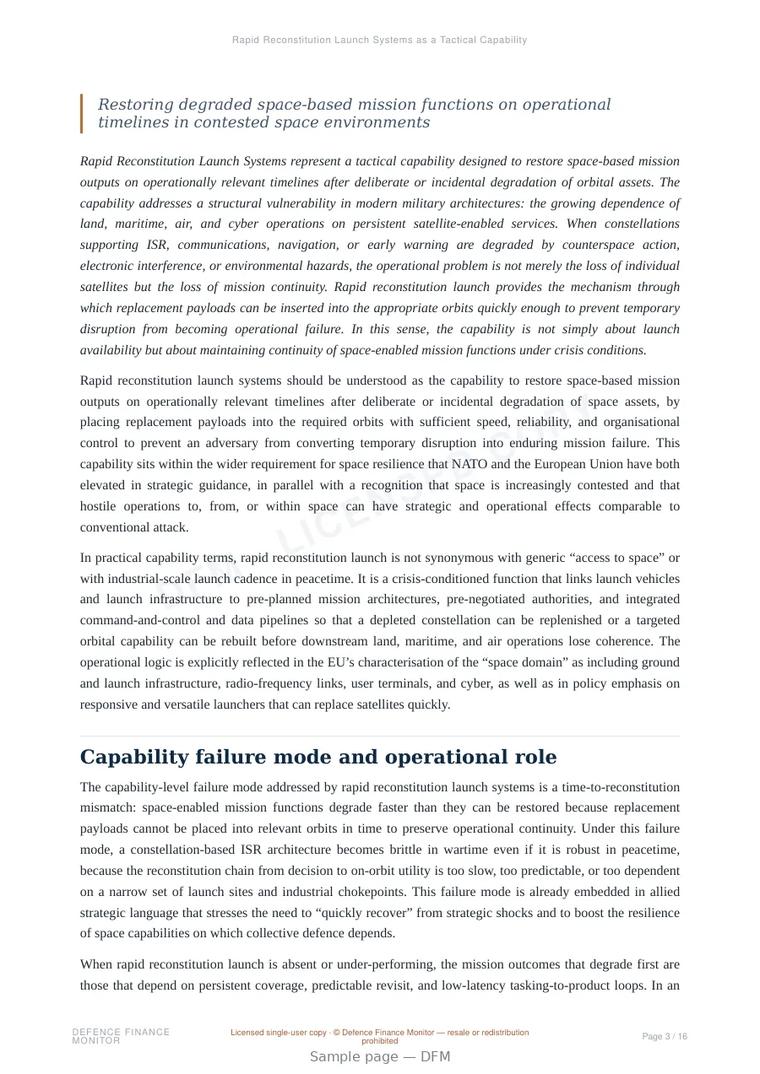 Sample page from “Rapid Reconstitution Launch Systems as a Tactical Capability for Space Resilience” — 17-page report