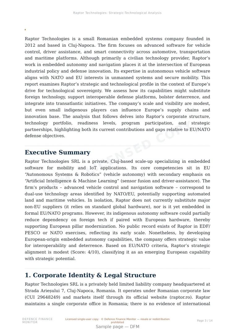 Sample page from “Raptor Technologies — Romania autonomous systems company” — 15-page report
