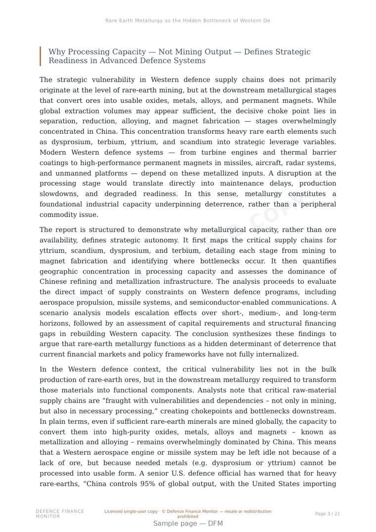 Sample page from “Rare Earth Metallurgy as the Hidden Bottleneck of Western Deterrence” — 22-page report