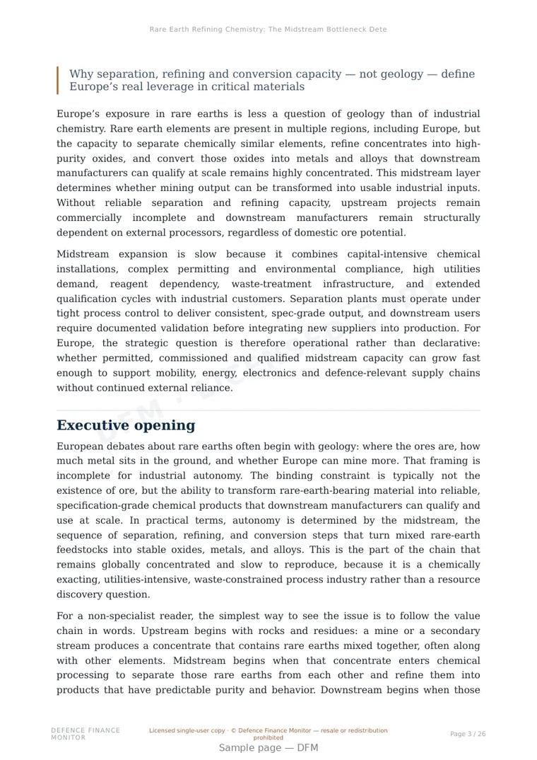 Sample page from “Rare Earth Refining Chemistry: The Midstream Bottleneck Determining European Industrial Autonomy” — 27-page report