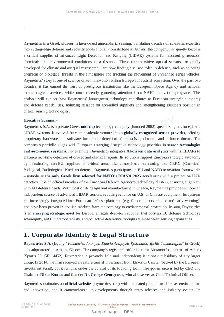 Sample page from “Raymetrics: A Greek LIDAR Pioneer in European Defense Technology” — 23-page report