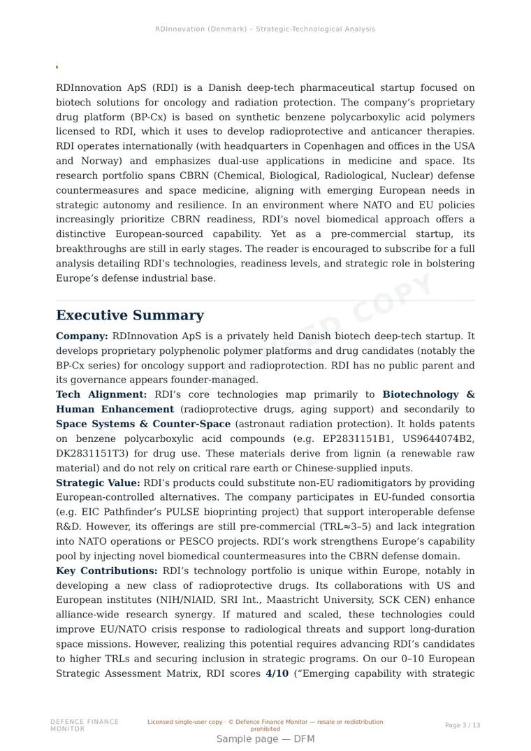 Sample page from “RDInnovation ApS (RDI) — Denmark military medical tech company” — 14-page report