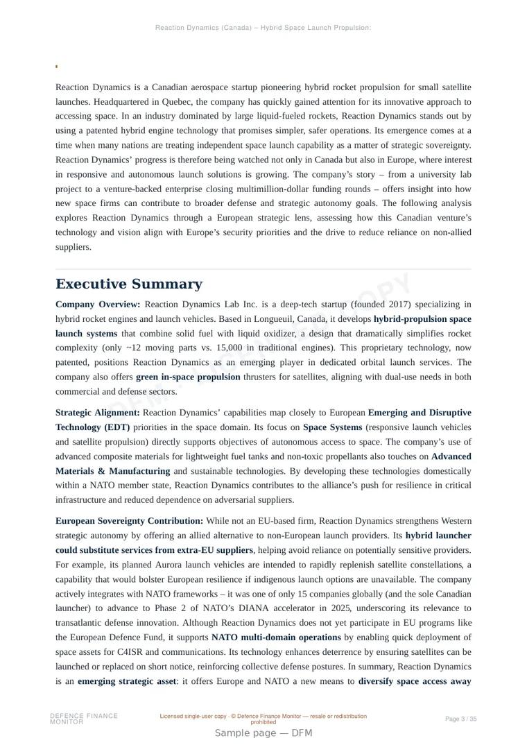 Sample page from “Reaction Dynamics — Canada launch systems company” — 36-page report