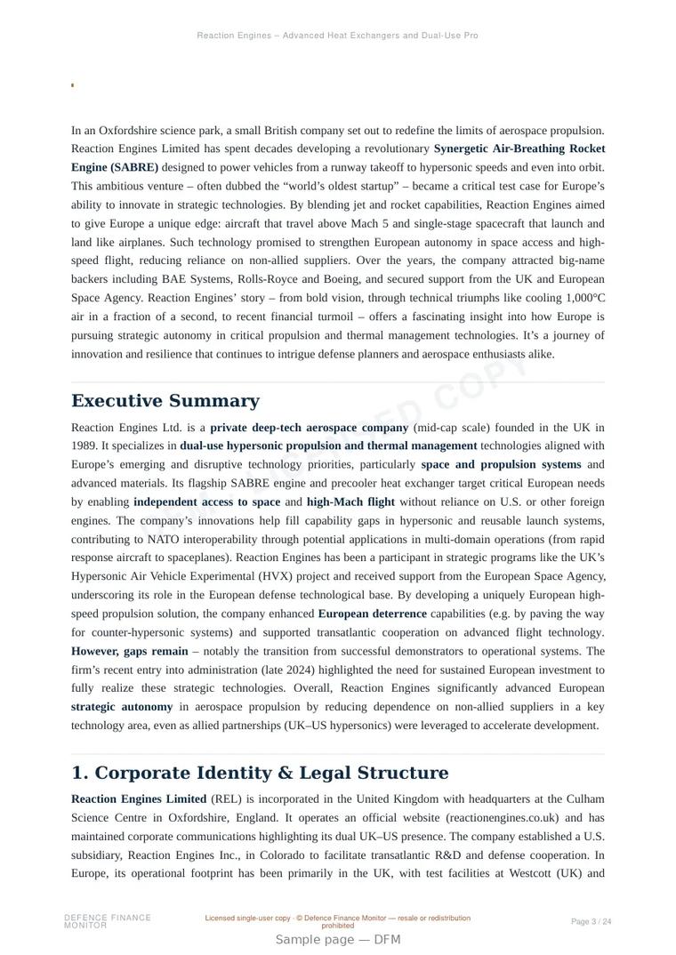 Sample page from “Reaction Engines – Advanced Heat Exchangers and Dual-Use Propulsion” — 25-page report