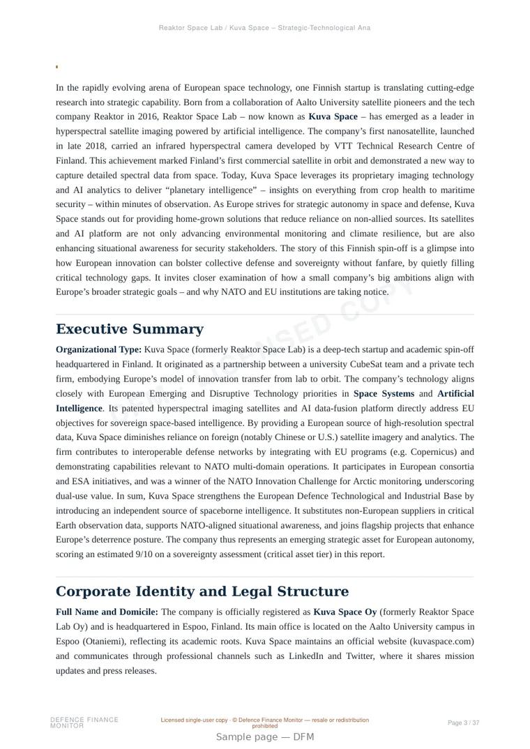 Sample page from “Reaktor Space Lab / Kuva Space — Finland space-based isr company” — 38-page report