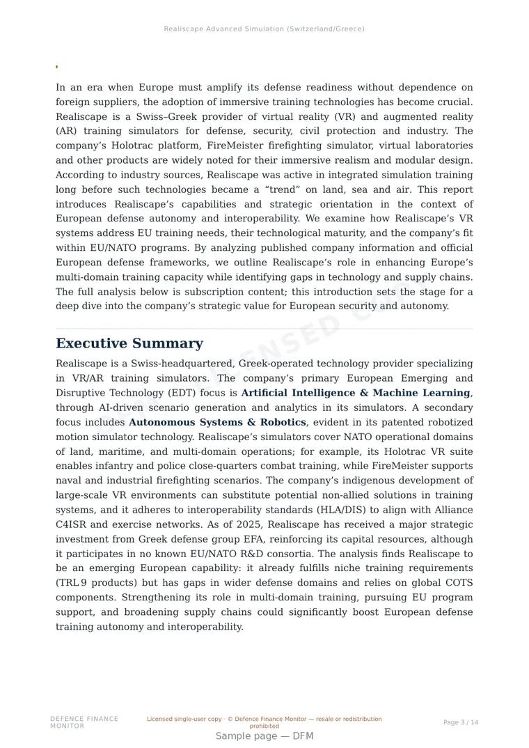 Sample page from “Realiscape Advanced Simulation (Switzerland/Greece)” — 15-page report