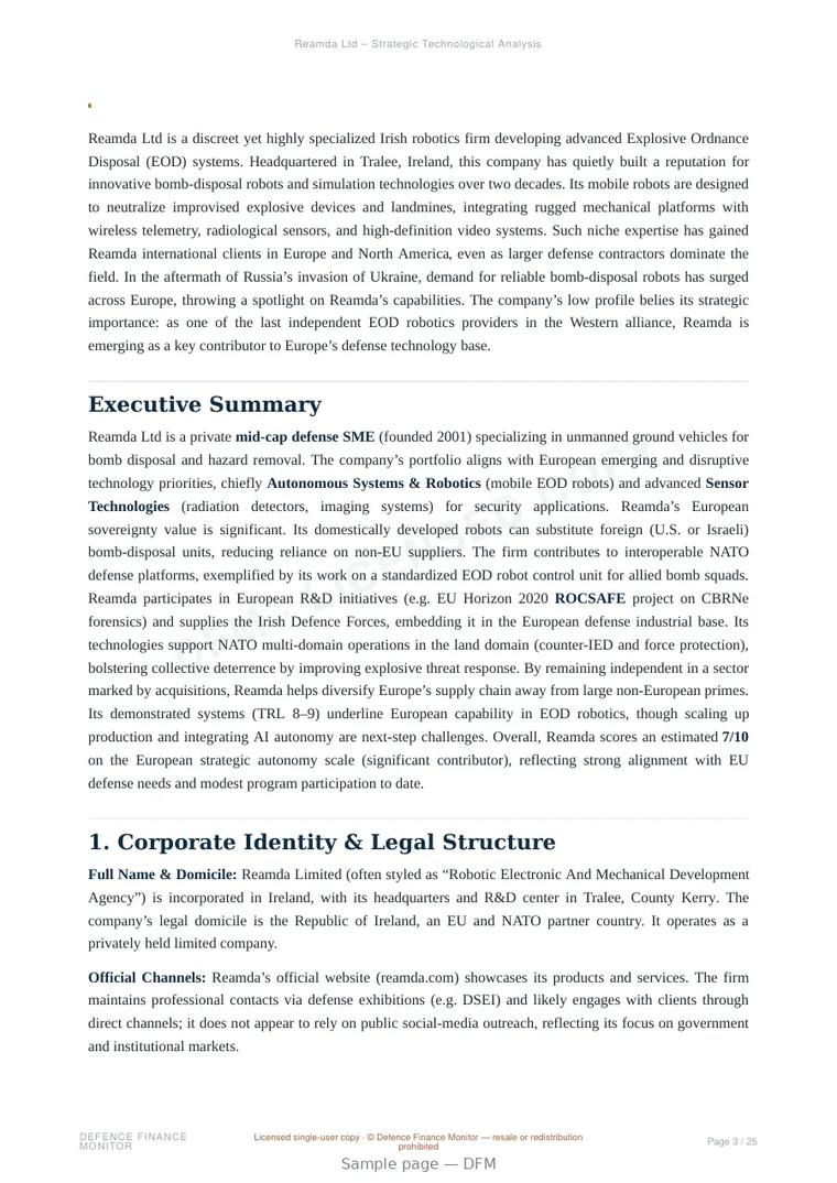 Sample page from “Reamda Ltd – Strategic Technological Analysis” — 26-page report