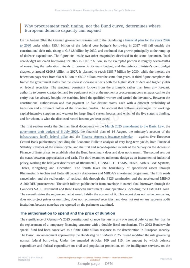 Sample page from “Rearmament's Uneven Financing Burden Across Europe's Defence Tiers” — 37-page report
