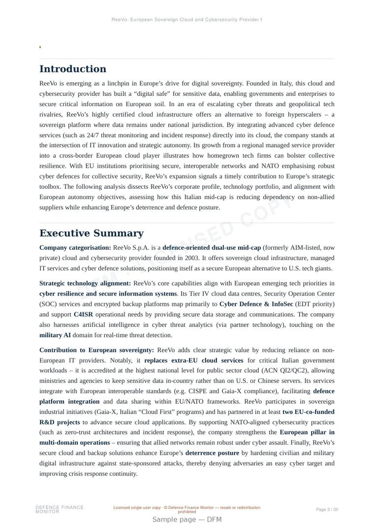 Sample page from “ReeVo: European Sovereign Cloud and Cybersecurity Provider for Strategic Digital Infrastructure” — 31-page report