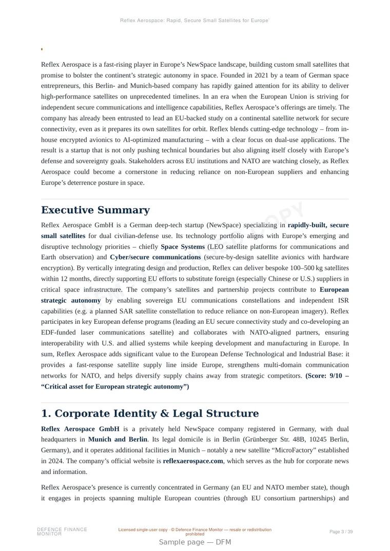 Sample page from “Reflex Aerospace: Rapid, Secure Small Satellites for Europe’s Strategic Autonomy” — 40-page report