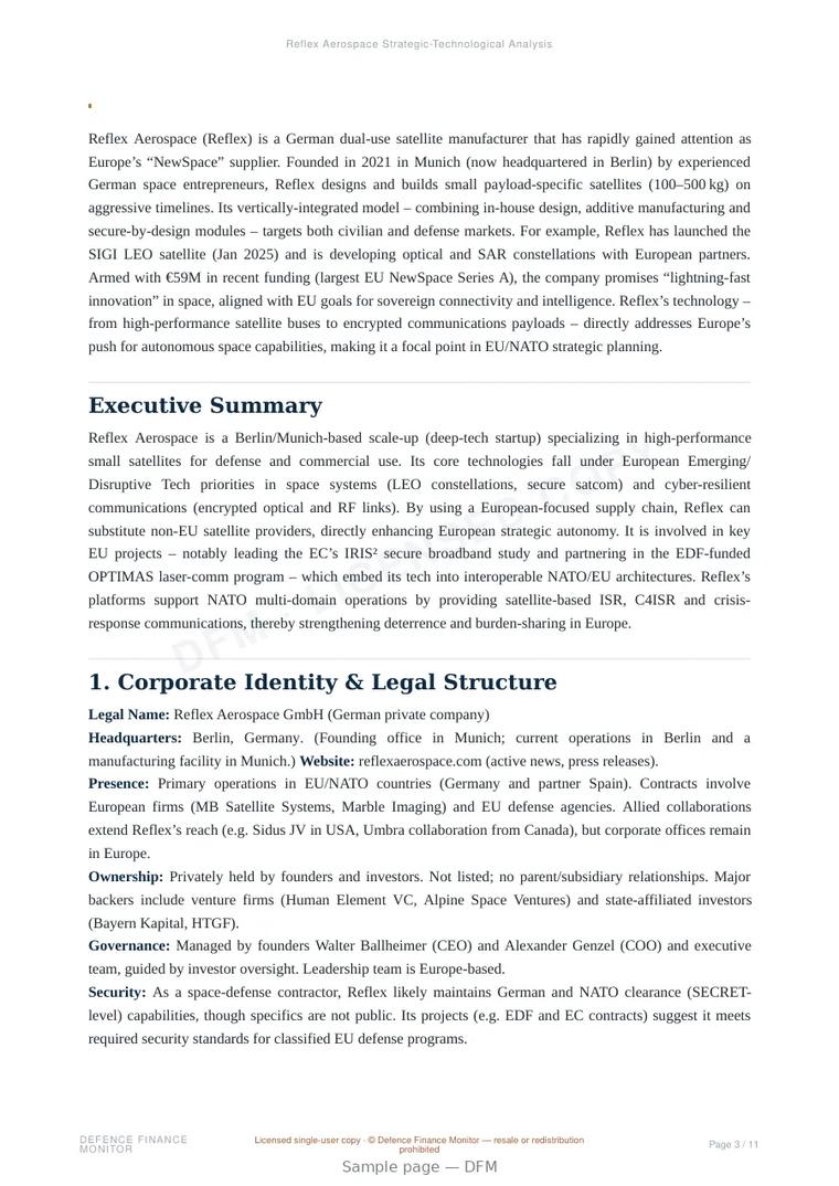 Sample page from “Reflex Aerospace — Germany satellite platforms company” — 12-page report