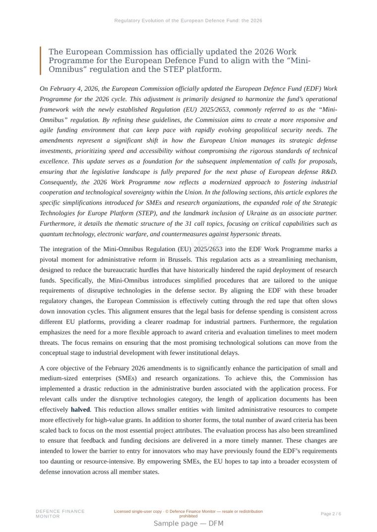 Sample page from “Regulatory Evolution of the European Defence Fund: the 2026 Work Programme Amendments” — 7-page report