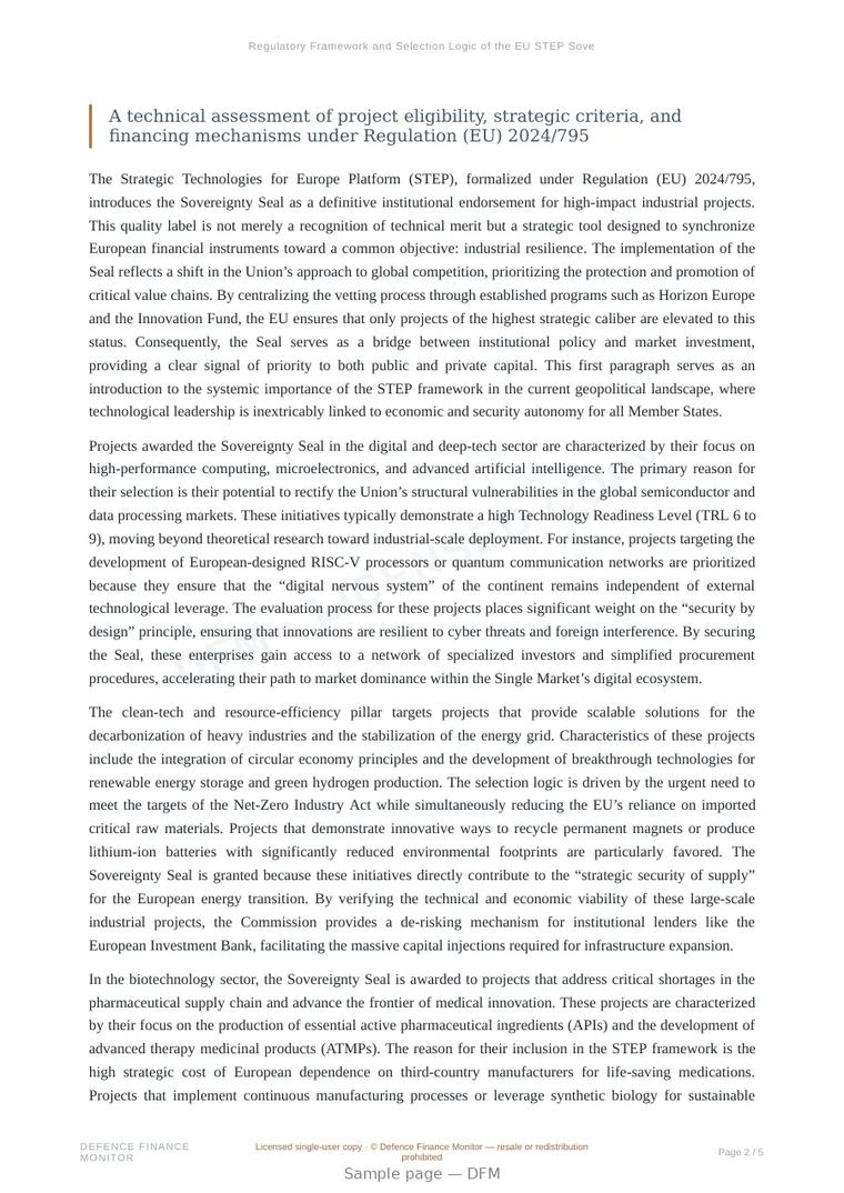 Sample page from “Regulatory Framework and Selection Logic of the EU STEP Sovereignty Seal” — 6-page report