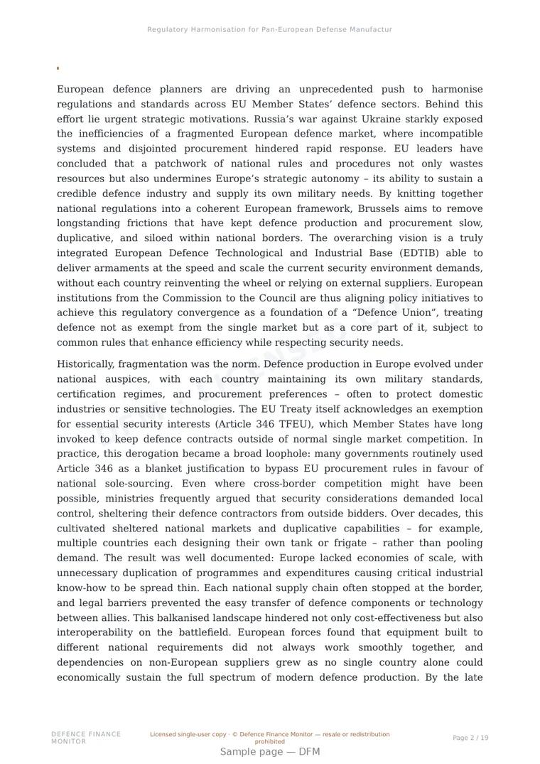 Sample page from “Regulatory Harmonisation for Pan-European Defense Manufacturing” — 20-page report