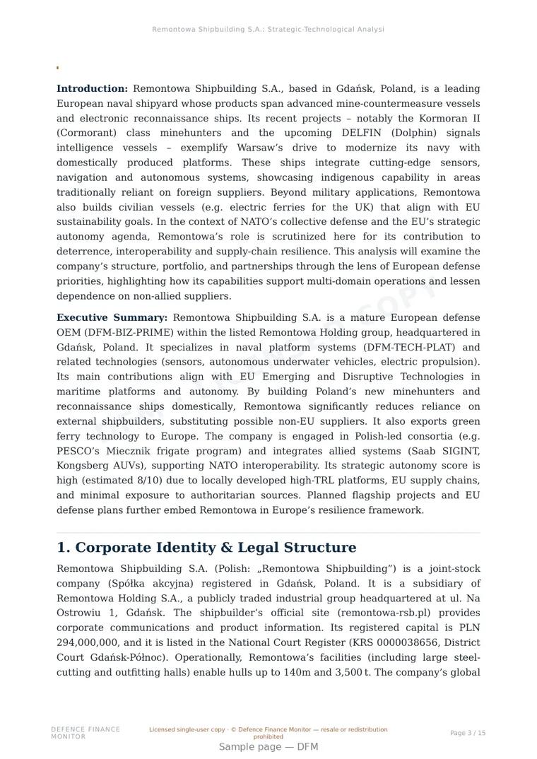 Sample page from “Remontowa Shipbuilding S.A. — Poland defence company” — 16-page report