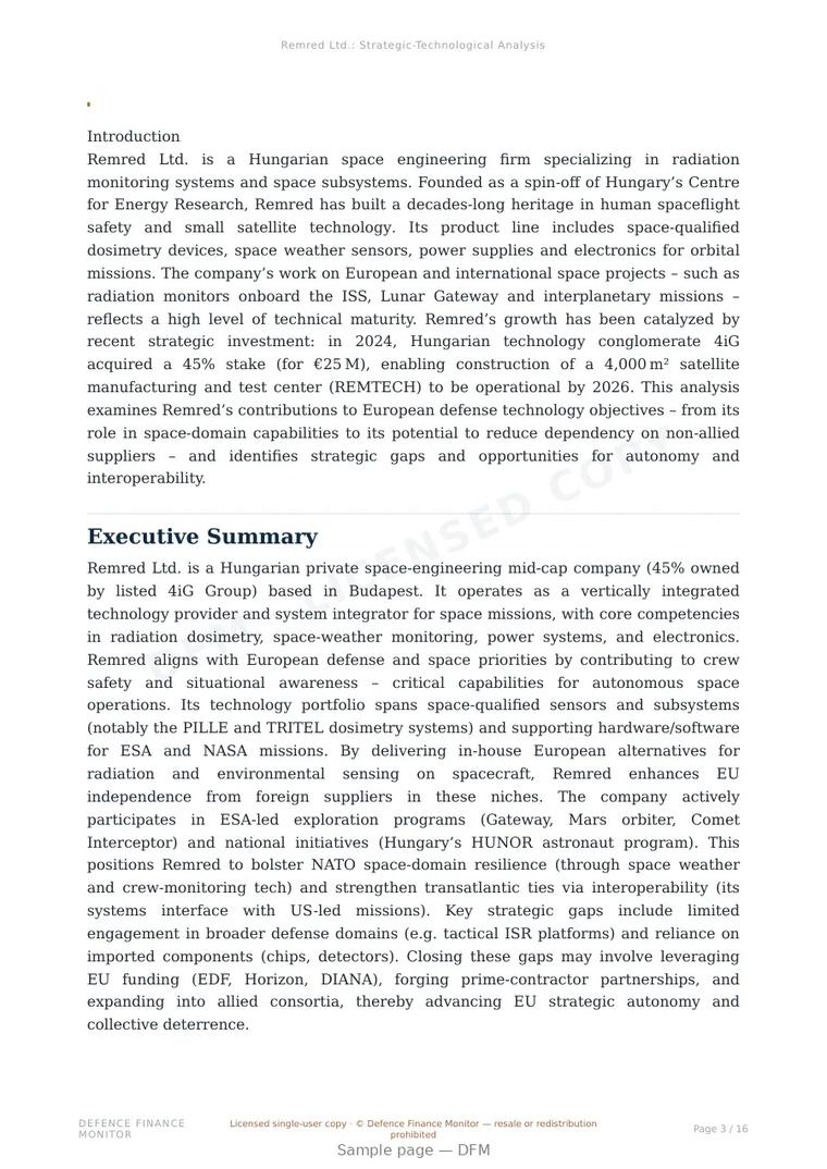Sample page from “Remred Ltd — Hungary space company” — 17-page report